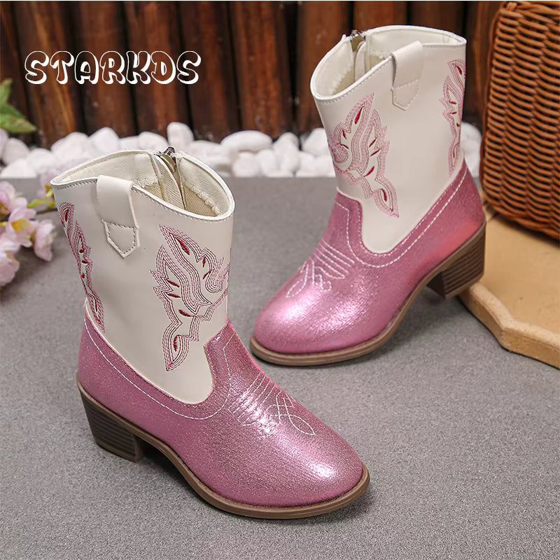 Girls' PU Leather Western Embroidered Glitter Side-Zip Knee-High Round Toe Low Heel Cowgirl Boots - CB088
