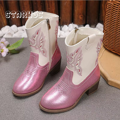 Girls' PU Leather Western Embroidered Glitter Side-Zip Knee-High Round Toe Low Heel Cowgirl Boots - CB088