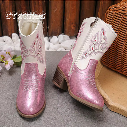 Girls' PU Leather Western Embroidered Glitter Side-Zip Knee-High Round Toe Low Heel Cowgirl Boots - CB088