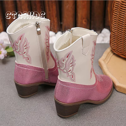 Girls' PU Leather Western Embroidered Glitter Side-Zip Knee-High Round Toe Low Heel Cowgirl Boots - CB088