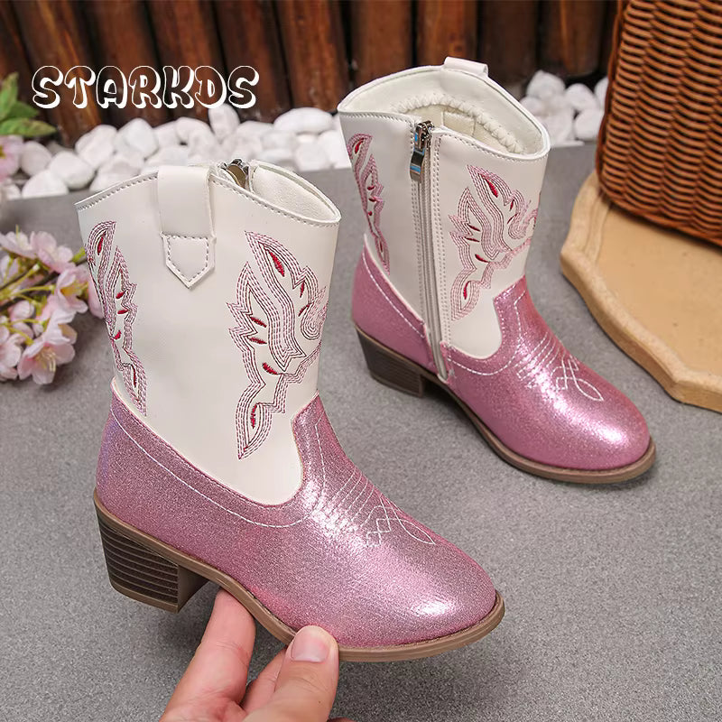 Girls' PU Leather Western Embroidered Glitter Side-Zip Knee-High Round Toe Low Heel Cowgirl Boots - CB088