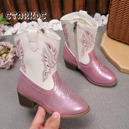 Girls' PU Leather Western Embroidered Glitter Side-Zip Knee-High Round Toe Low Heel Cowgirl Boots - CB088
