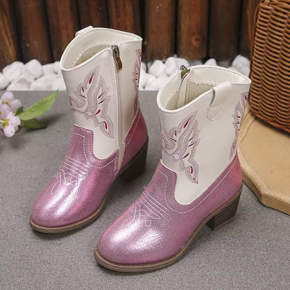 Girls' PU Leather Western Embroidered Glitter Side-Zip Knee-High Round Toe Low Heel Cowgirl Boots - CB088