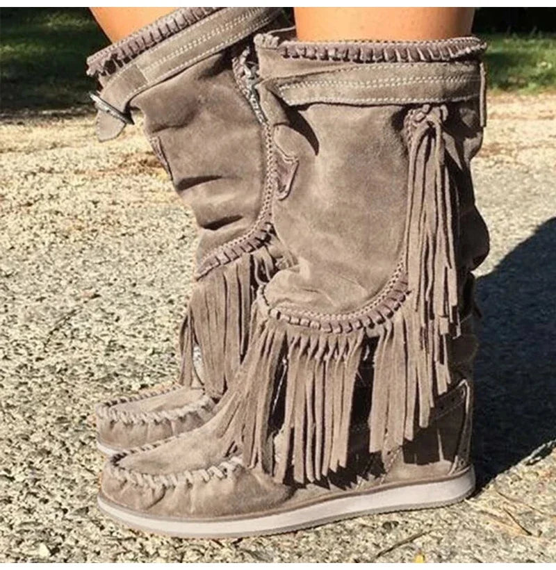 Women's Suede-Look Tassel Buckle Detail Side-Zip Mid-Calf Round Toe High Heel Cowgirl Boots - CB033
