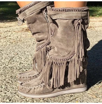 Women's Suede-Look Tassel Buckle Detail Side-Zip Mid-Calf Round Toe High Heel Cowgirl Boots - CB033