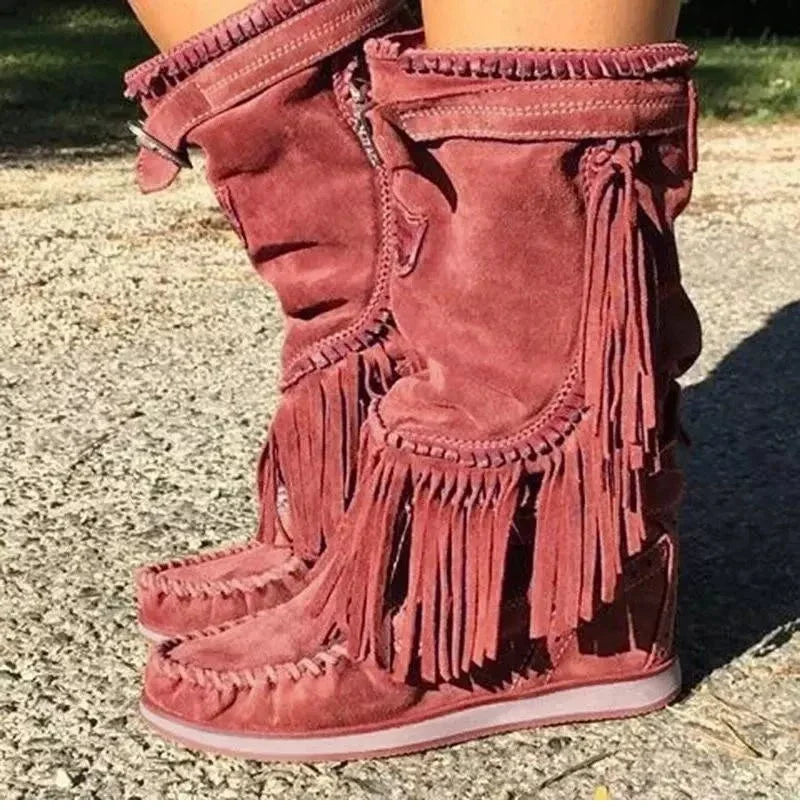 Women's Suede-Look Tassel Buckle Detail Side-Zip Mid-Calf Round Toe High Heel Cowgirl Boots - CB033