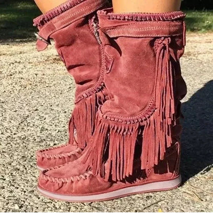 Women's Suede-Look Tassel Buckle Detail Side-Zip Mid-Calf Round Toe High Heel Cowgirl Boots - CB033