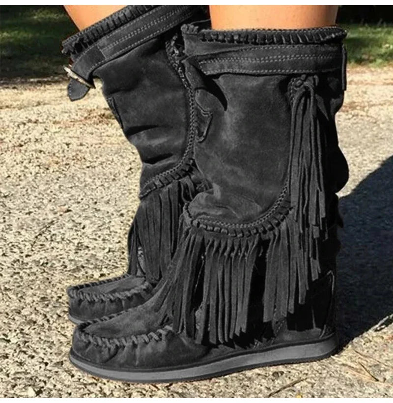Women's Suede-Look Tassel Buckle Detail Side-Zip Mid-Calf Round Toe High Heel Cowgirl Boots - CB033