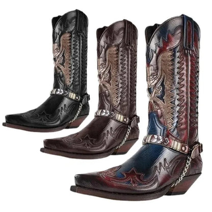 Men's PU Leather Western Embroidered Snake Print Mid-Calf Pointed Toe Block Heel Cowboy Boots - CB014