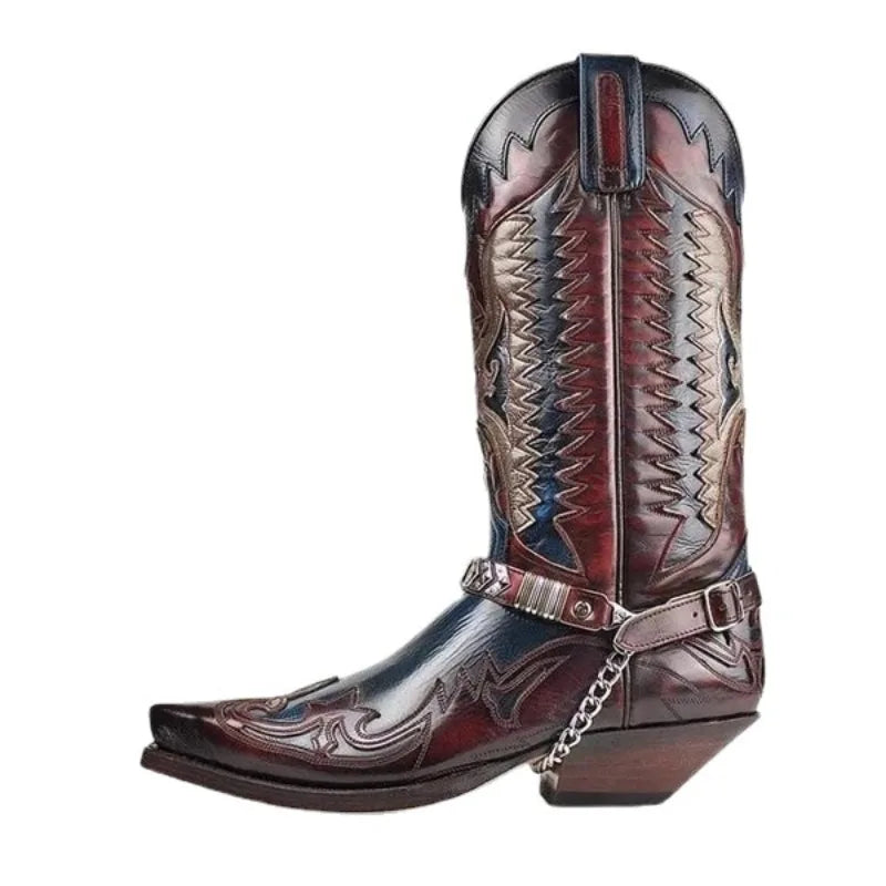 Men's PU Leather Western Embroidered Snake Print Mid-Calf Pointed Toe Block Heel Cowboy Boots - CB014