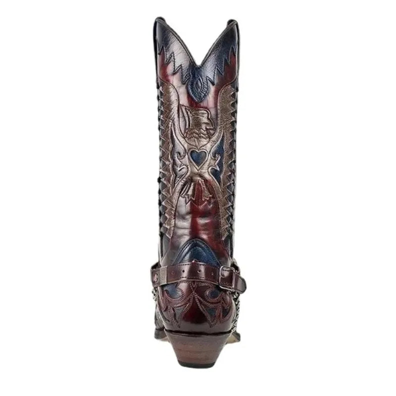 Men's PU Leather Western Embroidered Snake Print Mid-Calf Pointed Toe Block Heel Cowboy Boots - CB014