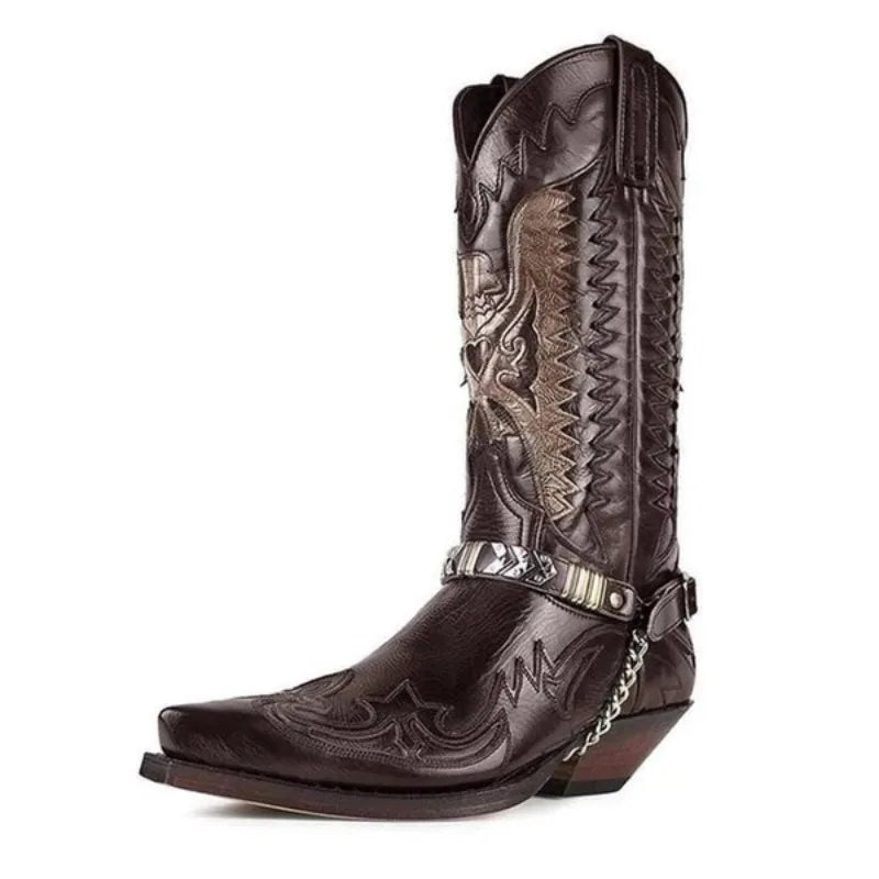 Men's PU Leather Western Embroidered Snake Print Mid-Calf Pointed Toe Block Heel Cowboy Boots - CB014