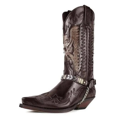 Men's PU Leather Western Embroidered Snake Print Mid-Calf Pointed Toe Block Heel Cowboy Boots - CB014