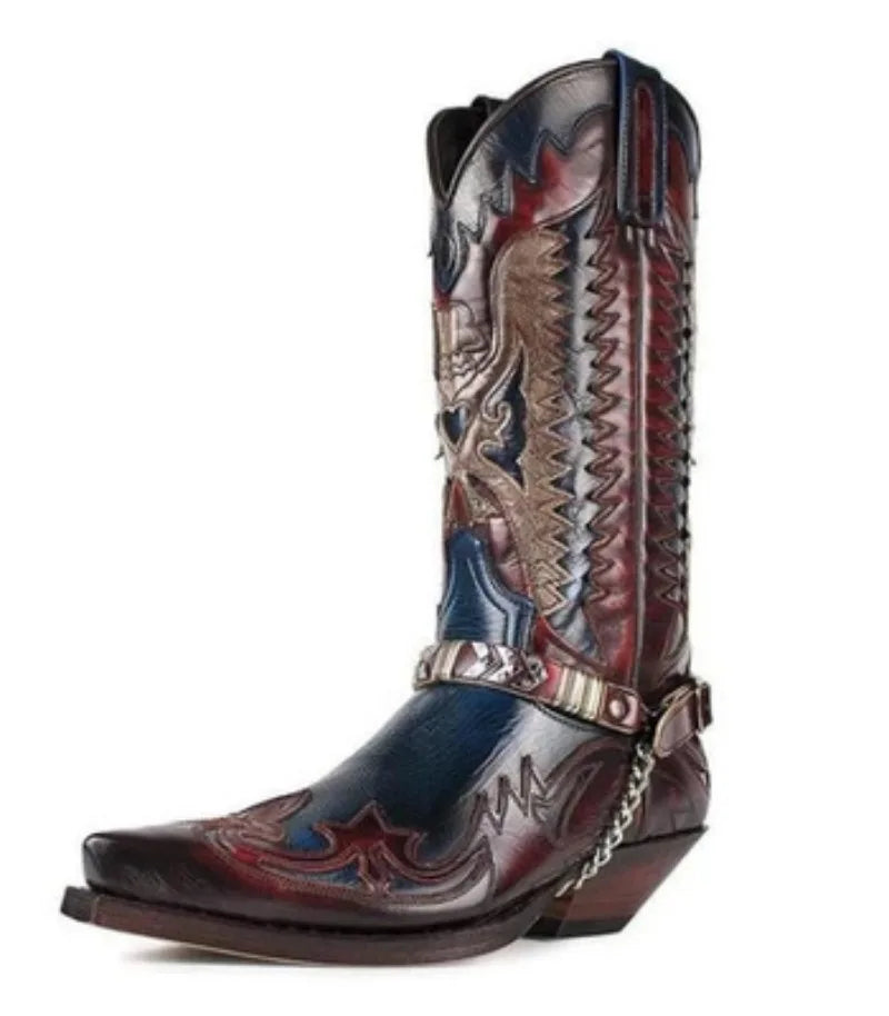 Men's PU Leather Western Embroidered Snake Print Mid-Calf Pointed Toe Block Heel Cowboy Boots - CB014