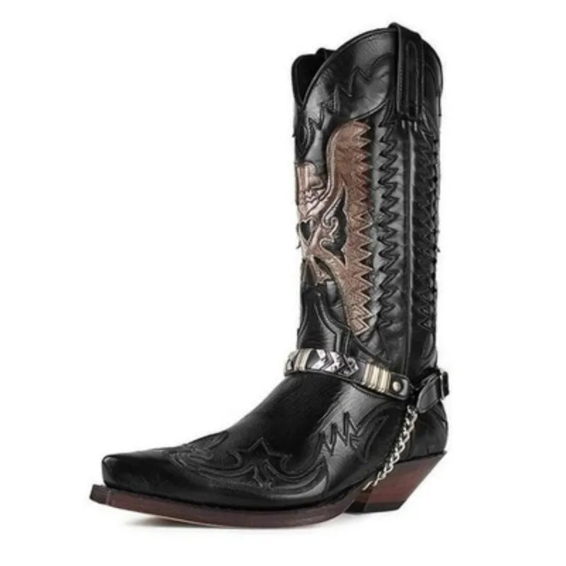 Men's PU Leather Western Embroidered Snake Print Mid-Calf Pointed Toe Block Heel Cowboy Boots - CB014
