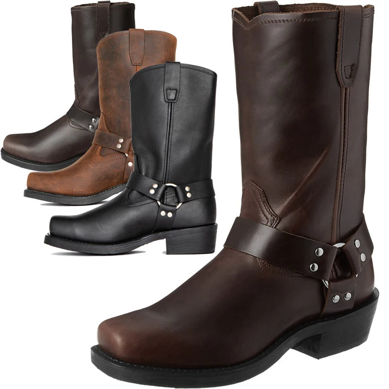Men's PU Leather Mid-Calf Square Toe Cowboy Boots - CB022