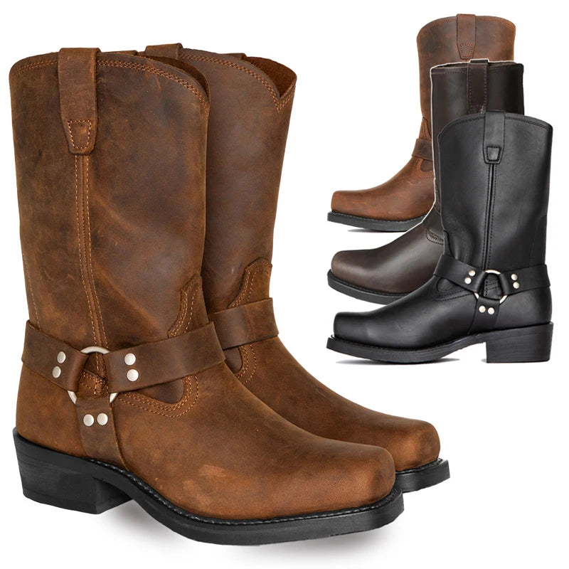 Men's PU Leather Mid-Calf Square Toe Cowboy Boots - CB022