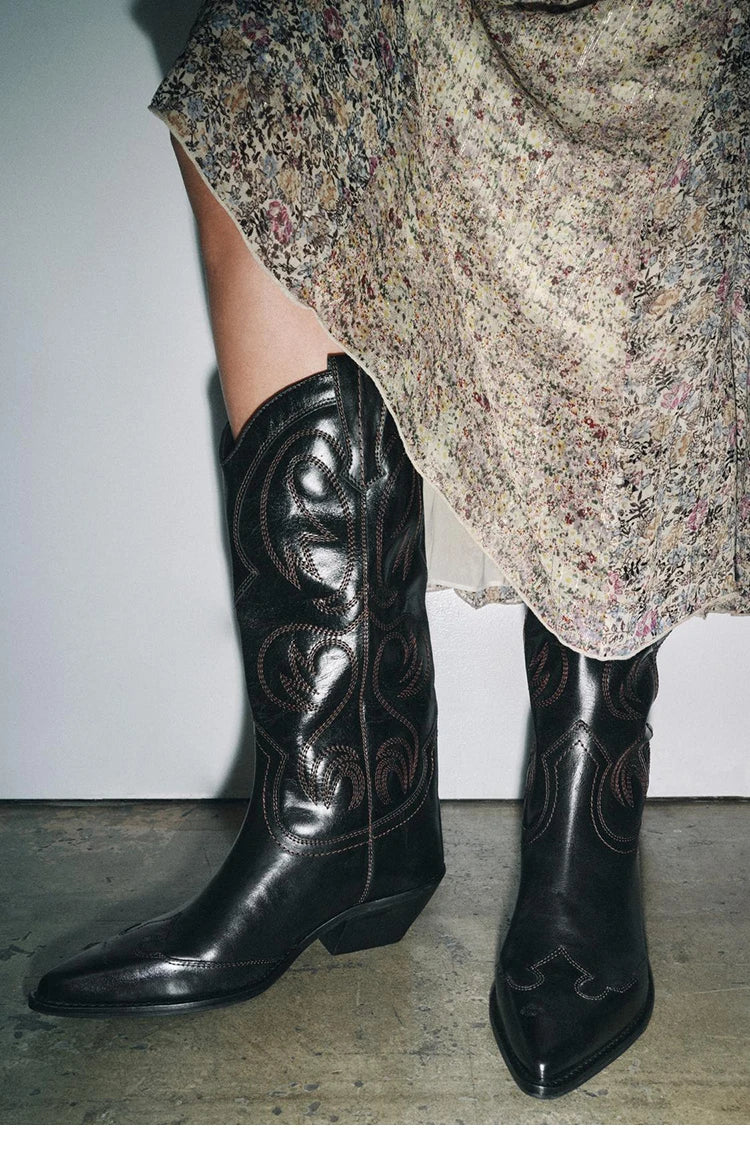 Women's Western Embroidered Studded Knee-High Cowgirl Boots - CB052