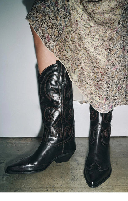 Women's Western Embroidered Studded Knee-High Cowgirl Boots - CB052