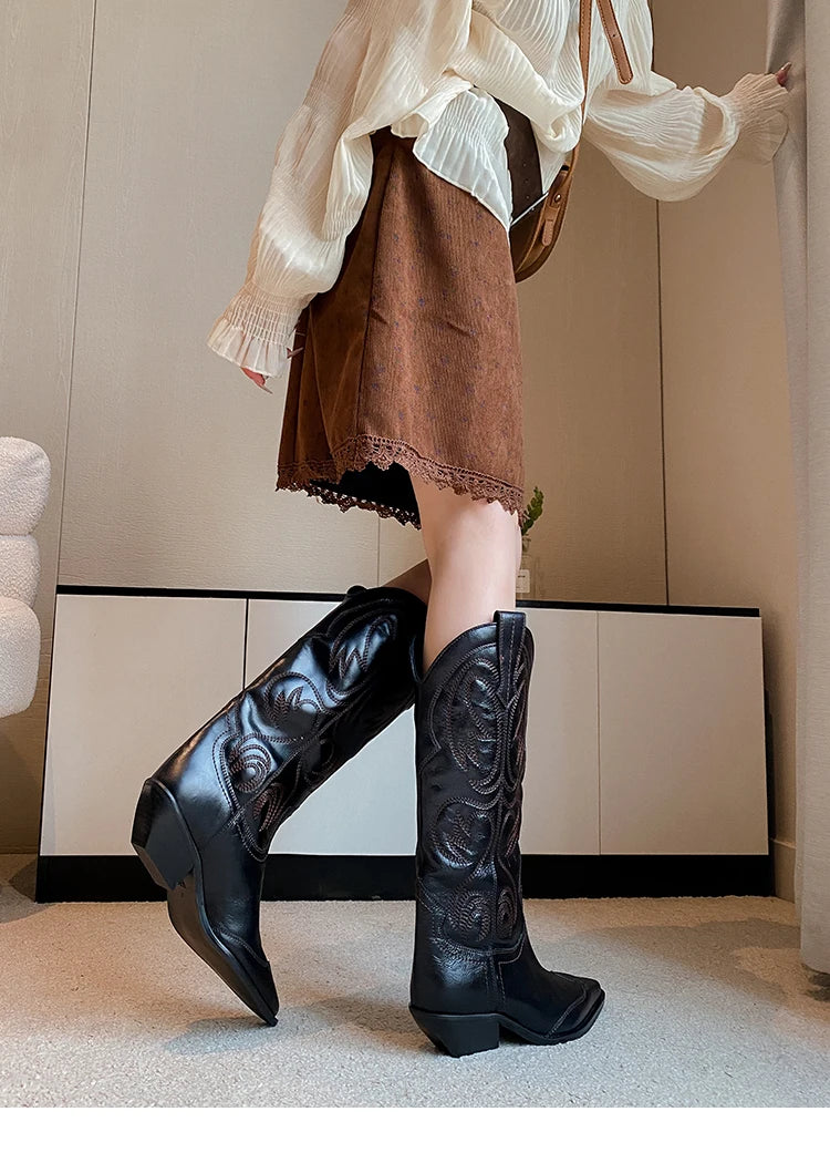 Women's Western Embroidered Studded Knee-High Cowgirl Boots - CB052