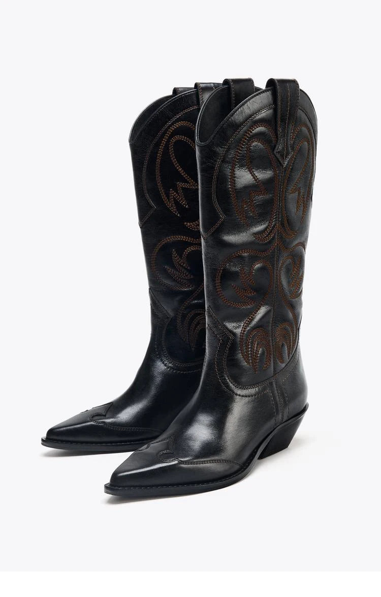 Women's Western Embroidered Studded Knee-High Cowgirl Boots - CB052