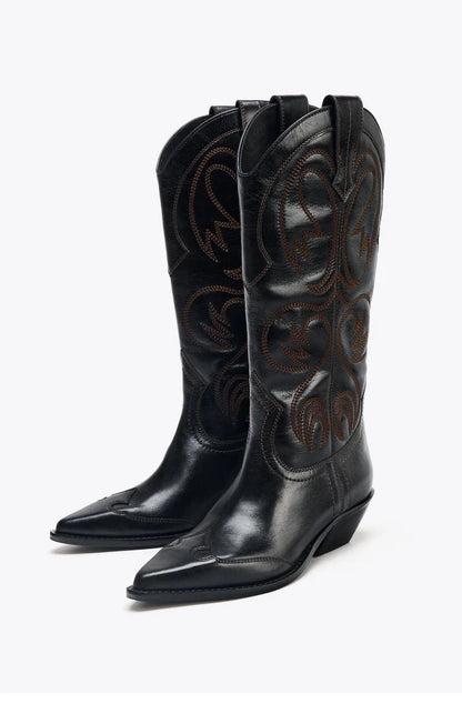 Women's Western Embroidered Studded Knee-High Cowgirl Boots - CB052