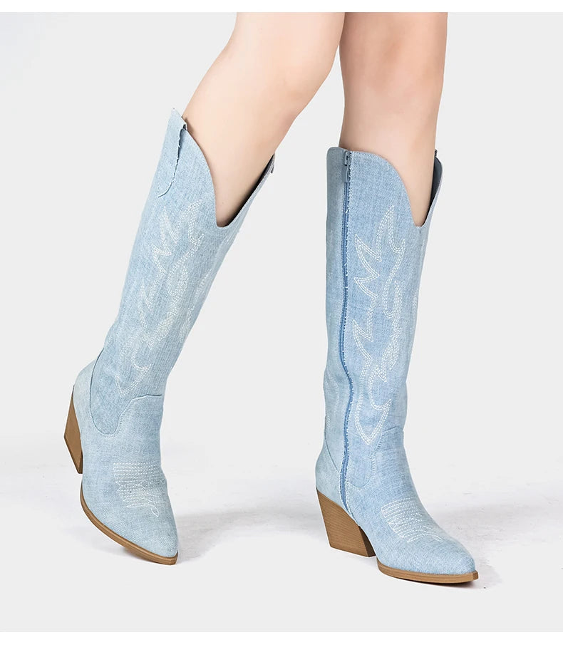 Women's Denim Western Embroidered Knee-High Pointed Toe Block Heel Cowgirl Boots - CB068