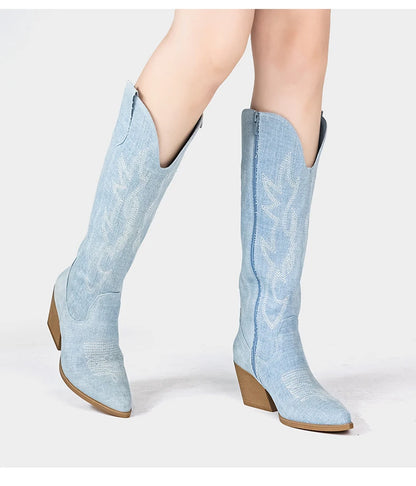 Women's Denim Western Embroidered Knee-High Pointed Toe Block Heel Cowgirl Boots - CB068