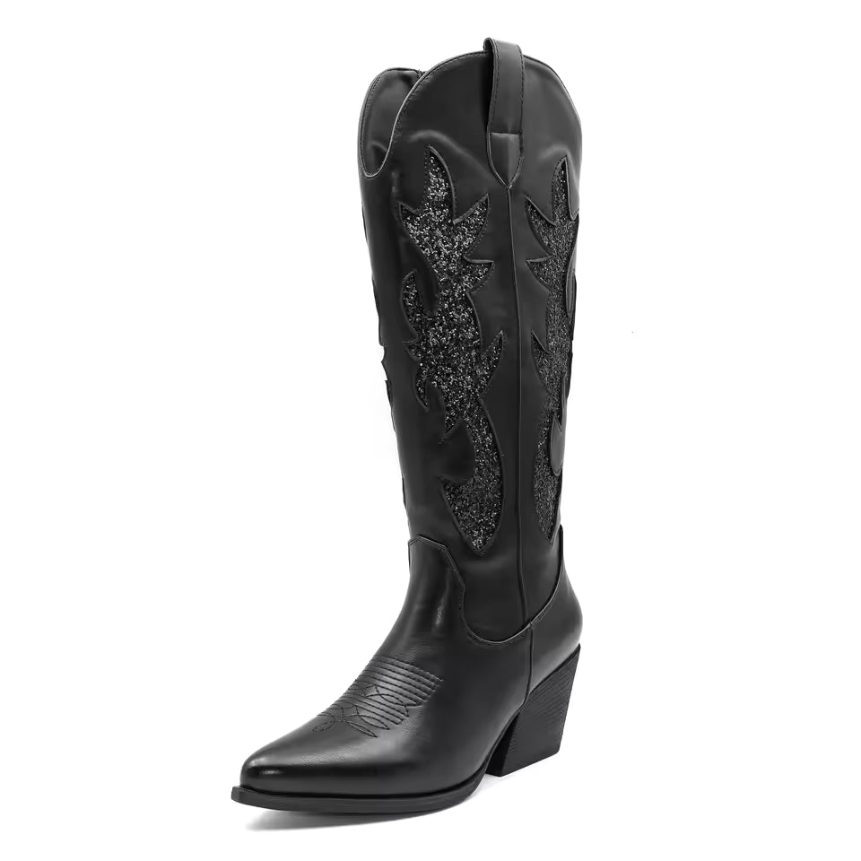 Women's Denim Western Embroidered Knee-High Pointed Toe Block Heel Cowgirl Boots - CB068