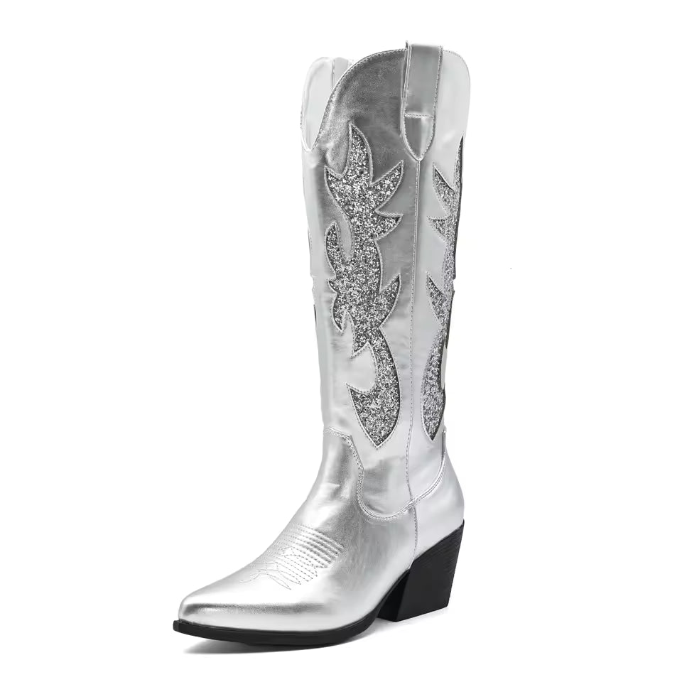 Women's Denim Western Embroidered Knee-High Pointed Toe Block Heel Cowgirl Boots - CB068