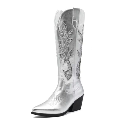 Women's Denim Western Embroidered Knee-High Pointed Toe Block Heel Cowgirl Boots - CB068