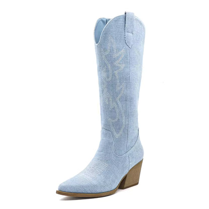 Women's Denim Western Embroidered Knee-High Pointed Toe Block Heel Cowgirl Boots - CB068