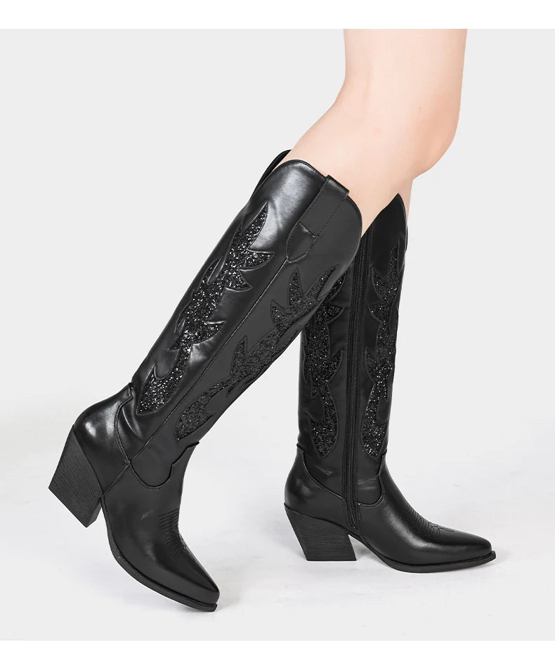 Women's Denim Western Embroidered Knee-High Pointed Toe Block Heel Cowgirl Boots - CB068