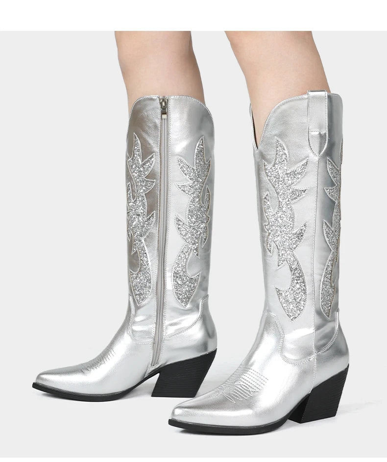 Women's Denim Western Embroidered Knee-High Pointed Toe Block Heel Cowgirl Boots - CB068
