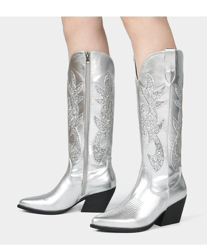 Women's Denim Western Embroidered Knee-High Pointed Toe Block Heel Cowgirl Boots - CB068