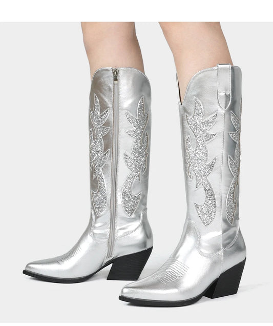 Shoes for Women New Embroidered Western Cowboy Boots Women Autumn Pointed Toe Thick Heel High Knee Boots - CB068