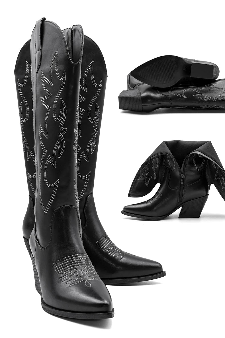 Women's Denim Western Embroidered Knee-High Pointed Toe Block Heel Cowgirl Boots - CB068