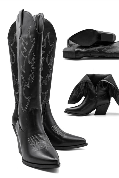 Women's Denim Western Embroidered Knee-High Pointed Toe Block Heel Cowgirl Boots - CB068