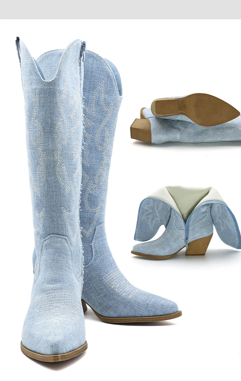 Women's Denim Western Embroidered Knee-High Pointed Toe Block Heel Cowgirl Boots - CB068