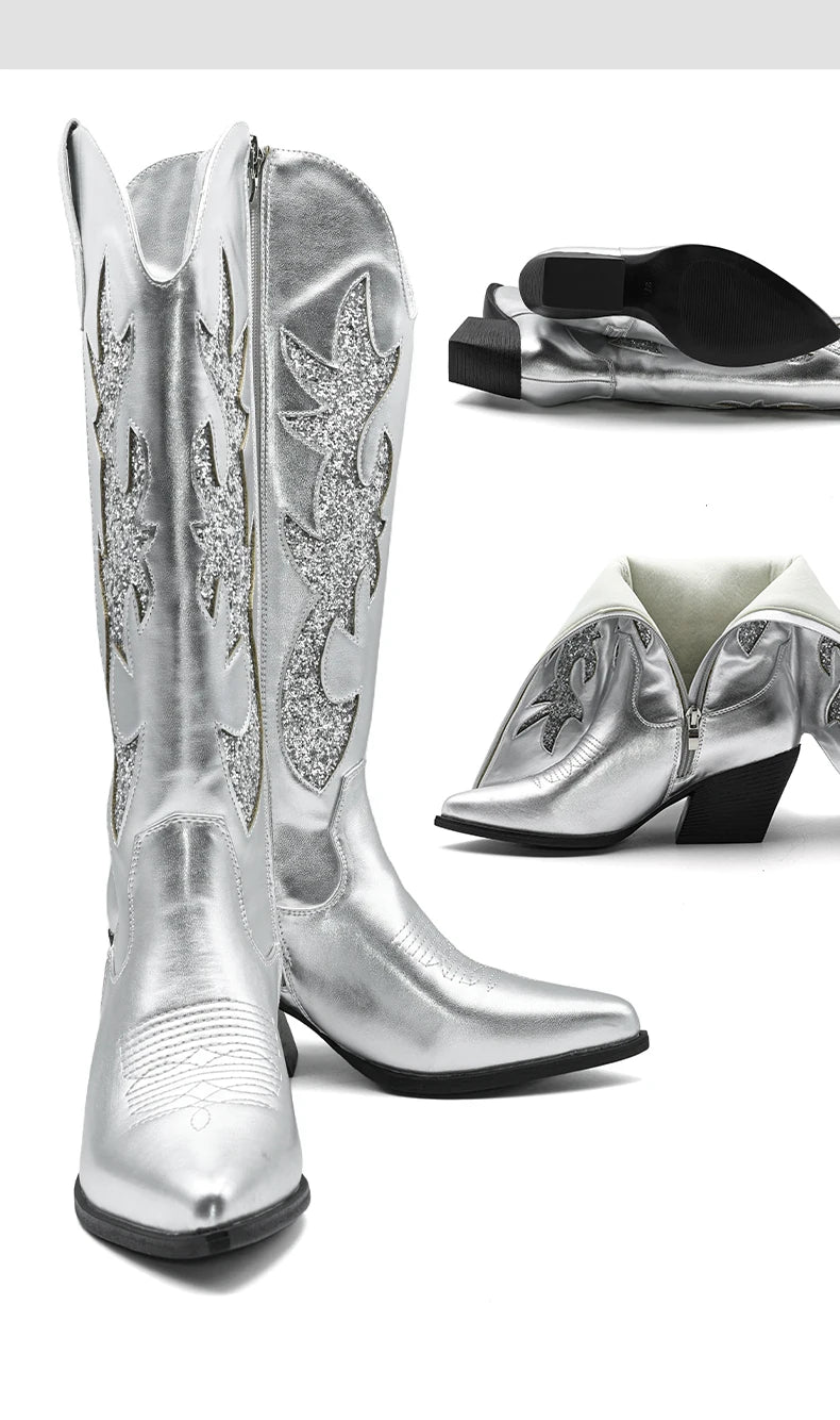 Women's Denim Western Embroidered Knee-High Pointed Toe Block Heel Cowgirl Boots - CB068