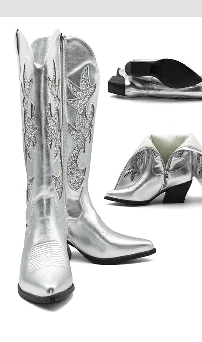 Women's Denim Western Embroidered Knee-High Pointed Toe Block Heel Cowgirl Boots - CB068
