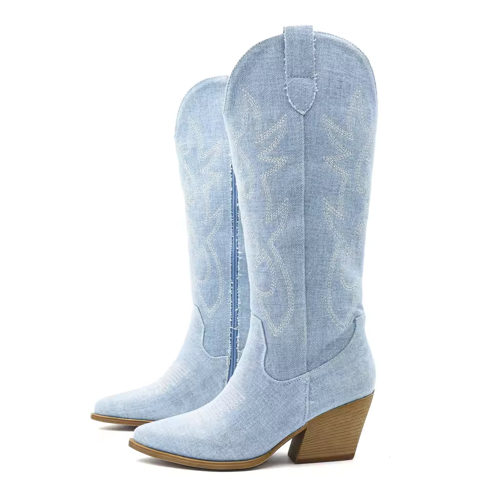 Women's Denim Western Embroidered Knee-High Pointed Toe Block Heel Cowgirl Boots - CB068
