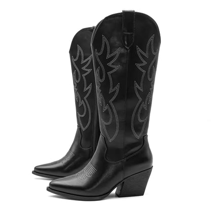 Women's Denim Western Embroidered Knee-High Pointed Toe Block Heel Cowgirl Boots - CB068