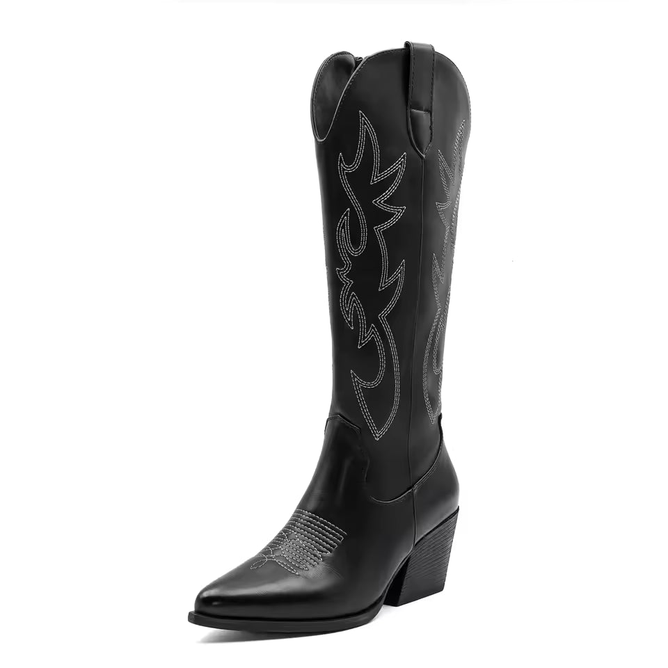 Women's Denim Western Embroidered Knee-High Pointed Toe Block Heel Cowgirl Boots - CB068