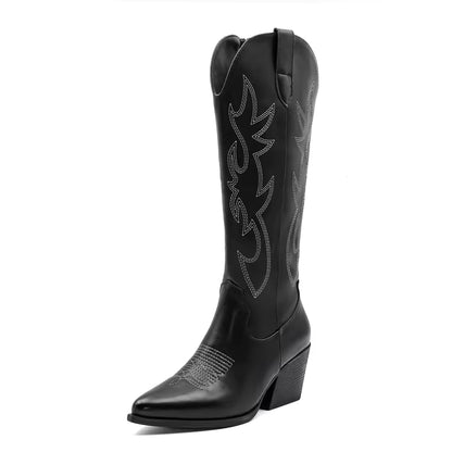 Women's Denim Western Embroidered Knee-High Pointed Toe Block Heel Cowgirl Boots - CB068