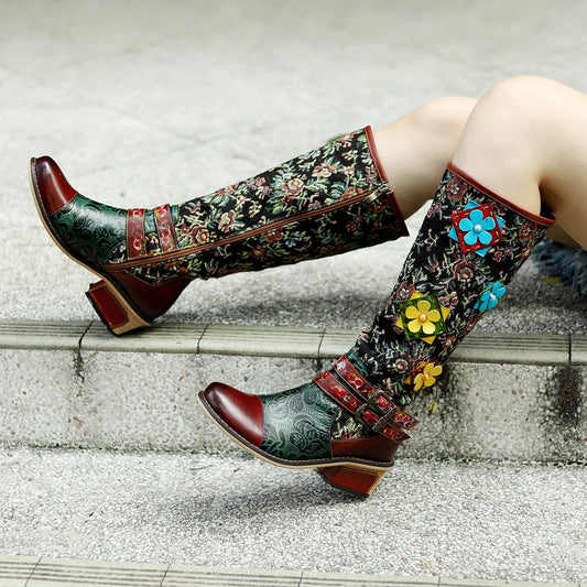 Socofy Raffan Ethnic Style Printed Patchwork Stereo Flower Belt Buckle Comfort Chunky Heel High Boots - CB063