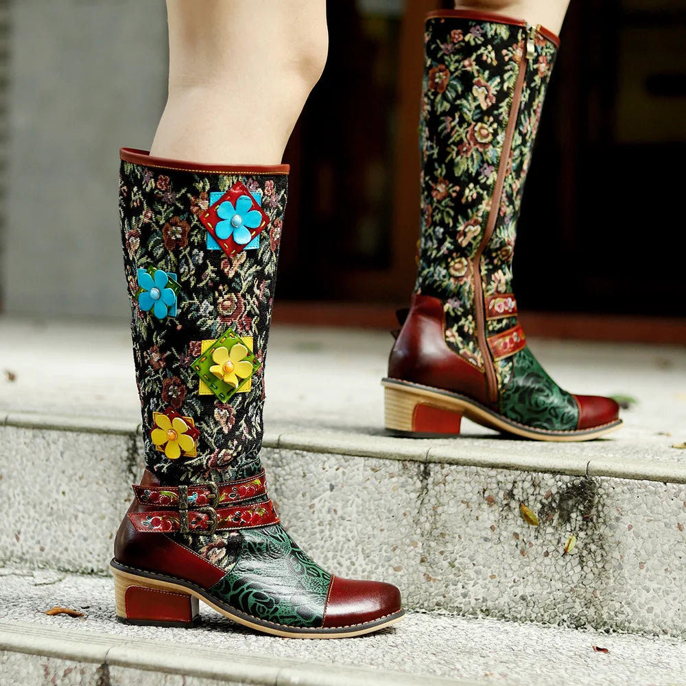 Socofy Raffan Women's Genuine Leather Floral Embroidered Buckle Detail Patchwork Ankle Block Heel Cowgirl Boots - CB063