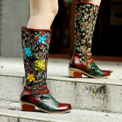 Socofy Raffan Women's Genuine Leather Floral Embroidered Buckle Detail Patchwork Ankle Block Heel Cowgirl Boots - CB063