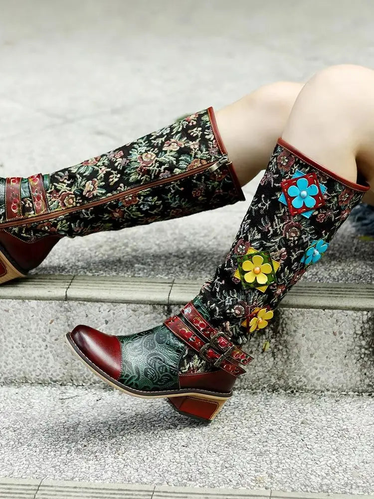 Socofy Raffan Women's Genuine Leather Floral Embroidered Buckle Detail Patchwork Ankle Block Heel Cowgirl Boots - CB063