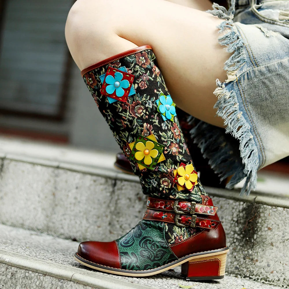 Socofy Raffan Women's Genuine Leather Floral Embroidered Buckle Detail Patchwork Ankle Block Heel Cowgirl Boots - CB063